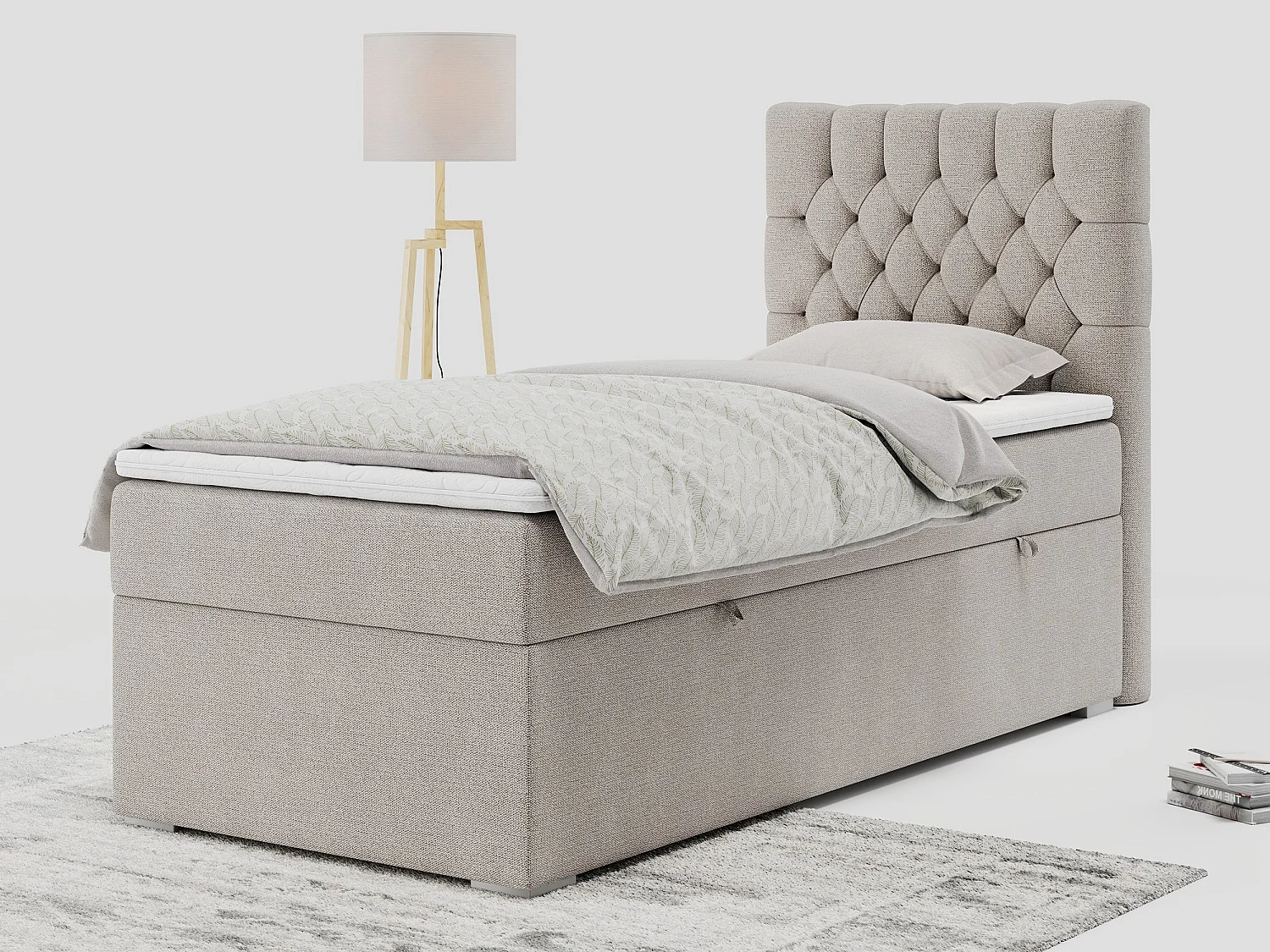 Boxspringbett PERA - Einzelbett mit Kopfstütze, Polsterbett, Multipocket-Matratze, genähtes Kopfteil - 90x200 cm - H3 - Beige Strukture - Rechts Seite