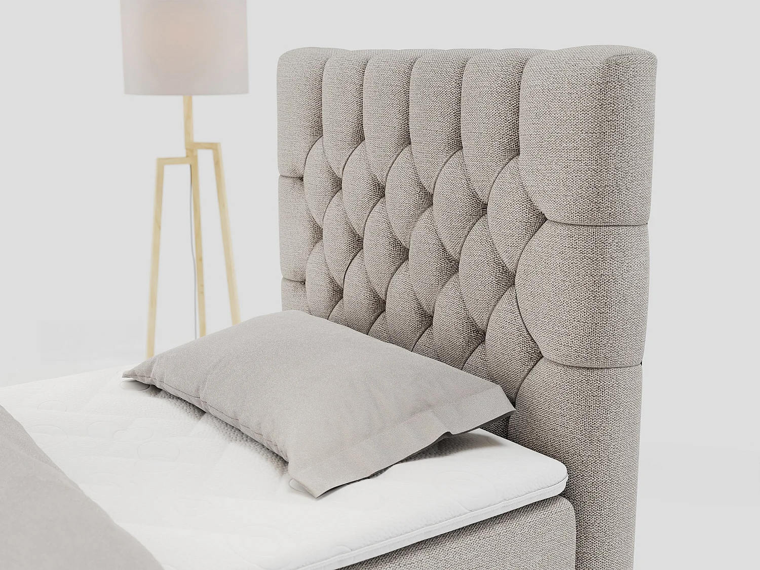 Boxspringbett PERA - Einzelbett mit Kopfstütze, Polsterbett, Multipocket-Matratze, genähtes Kopfteil - 90x200 cm - H3 - Beige Strukture - Rechts Seite