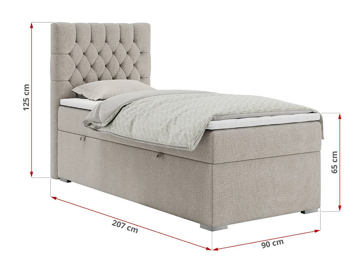 Boxspringbett PERA - Einzelbett mit Kopfstütze, Polsterbett, Multipocket-Matratze, genähtes Kopfteil - 90x200 cm - H3 - Beige Strukture - Rechts Seite