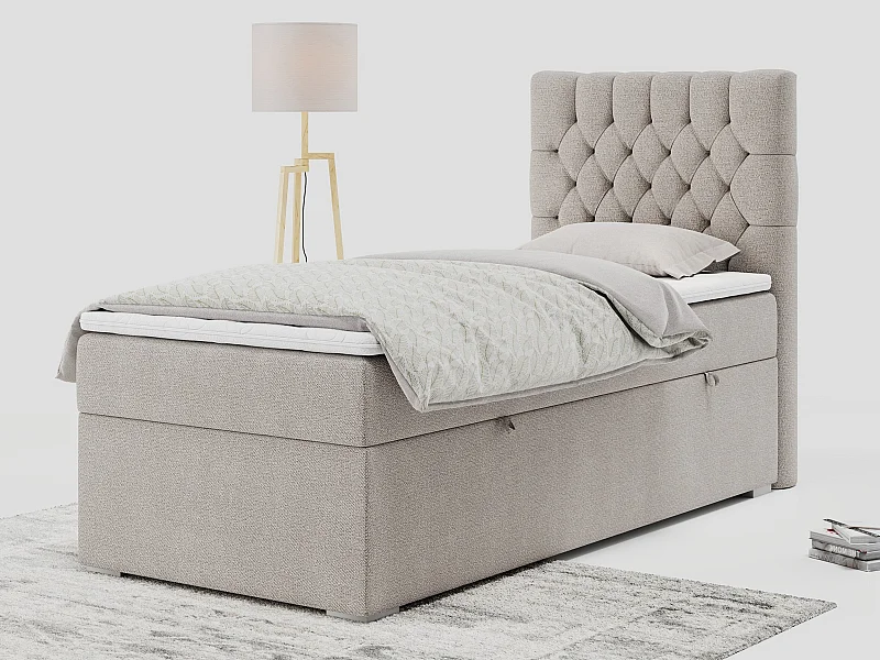 Boxspringbett PERA - Einzelbett mit Kopfstütze, Polsterbett, Multipocket-Matratze, genähtes Kopfteil - 90x200 cm - H3 - Beige Strukture - Rechts Seite