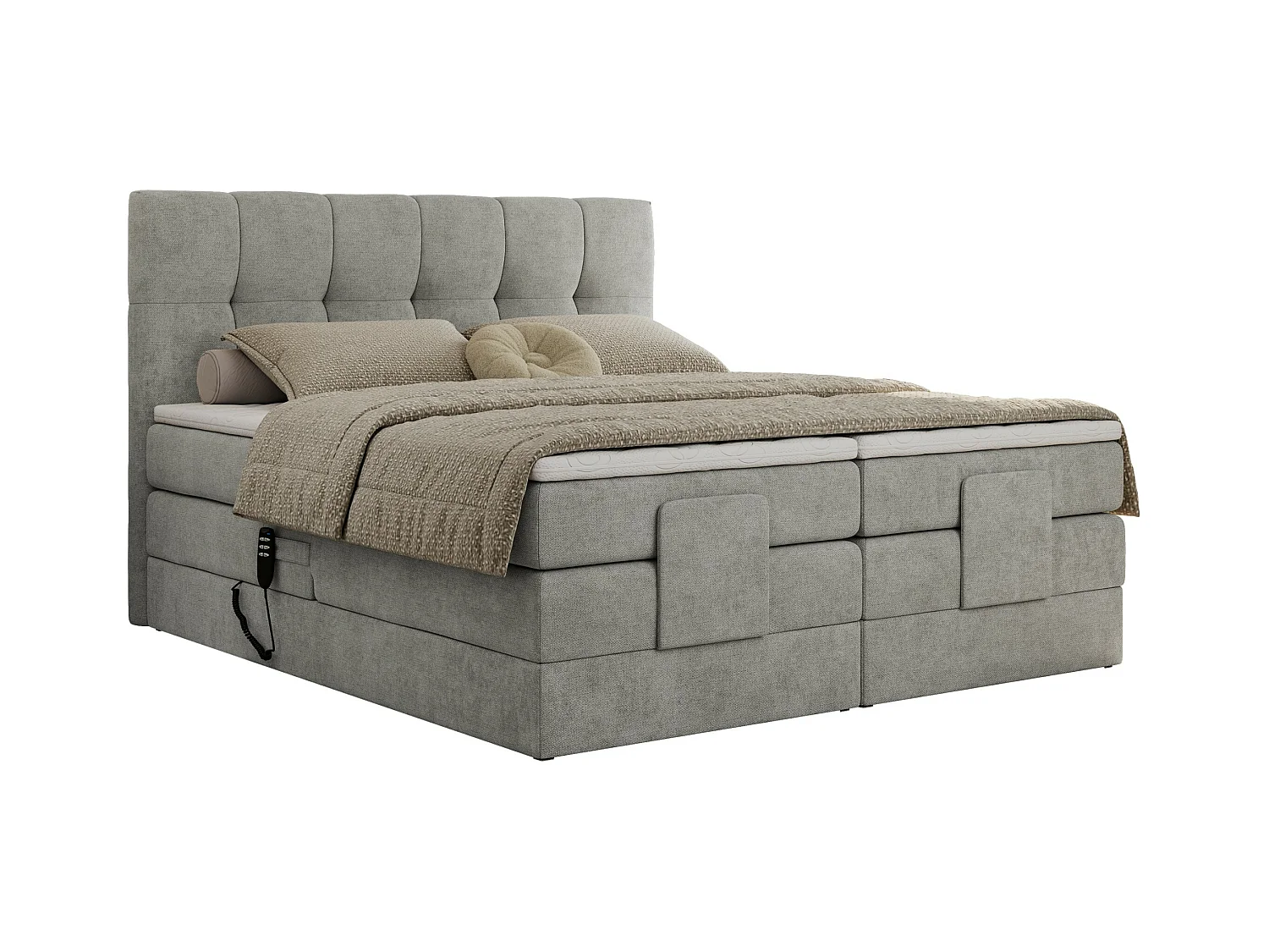 Boxspringbett VITTORIA - mit gestepptem Kopfteil, elektrischem Untergestell, Multipocket-Matratze - 160x200 cm - H4 - Hellgrau Strukture