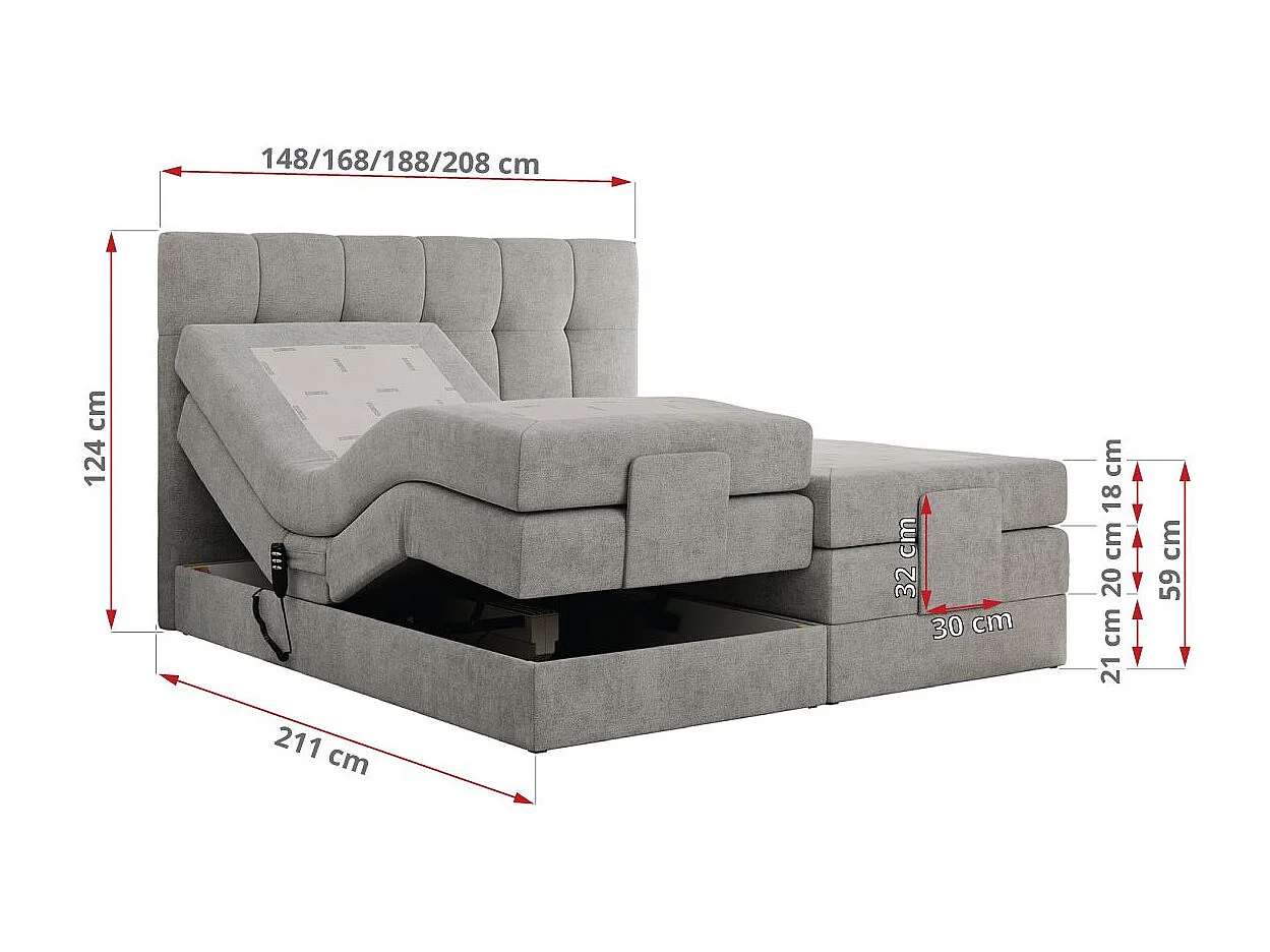 Boxspringbett VITTORIA - mit gestepptem Kopfteil, elektrischem Untergestell, Multipocket-Matratze - 160x200 cm - H4 - Hellgrau Strukture