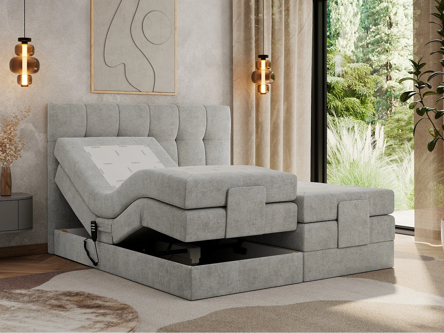 Boxspringbett VITTORIA - mit gestepptem Kopfteil, elektrischem Untergestell, Multipocket-Matratze - 160x200 cm - H4 - Hellgrau Strukture