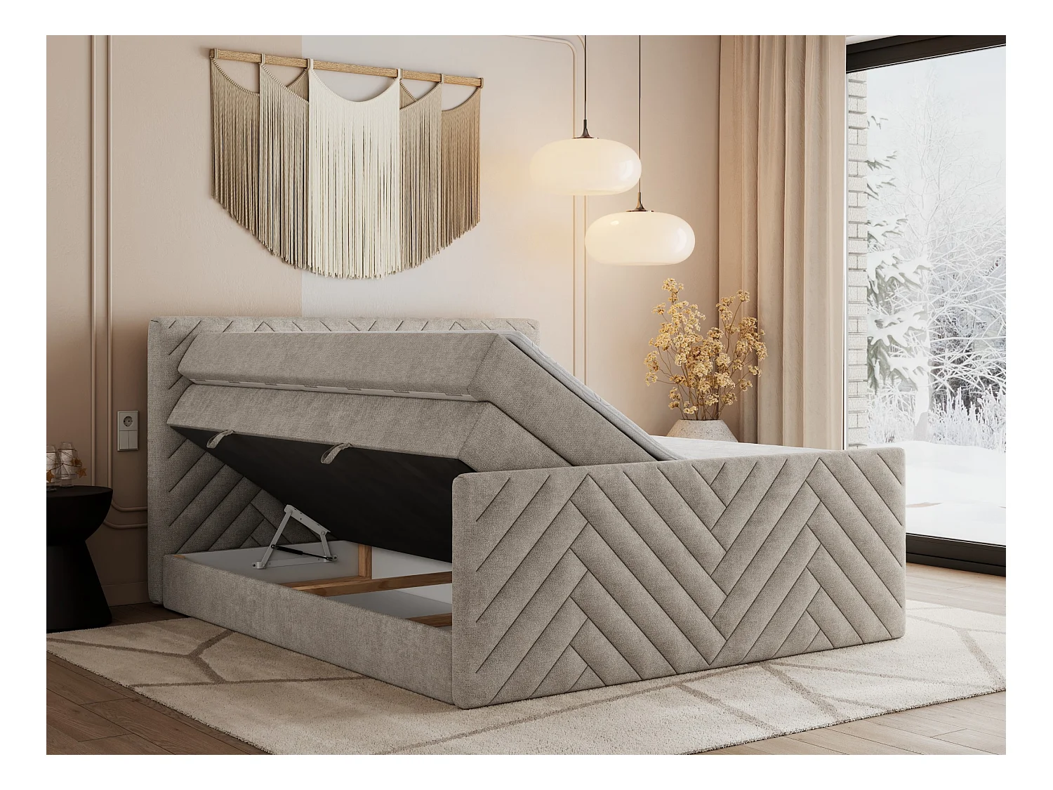 Boxspringbett PARIS KING DUO - dekorative Kopfstütze und Front, zwei Multipocket-Matratze mit Topper - 160x200 cm - H3 - Beige Strukture