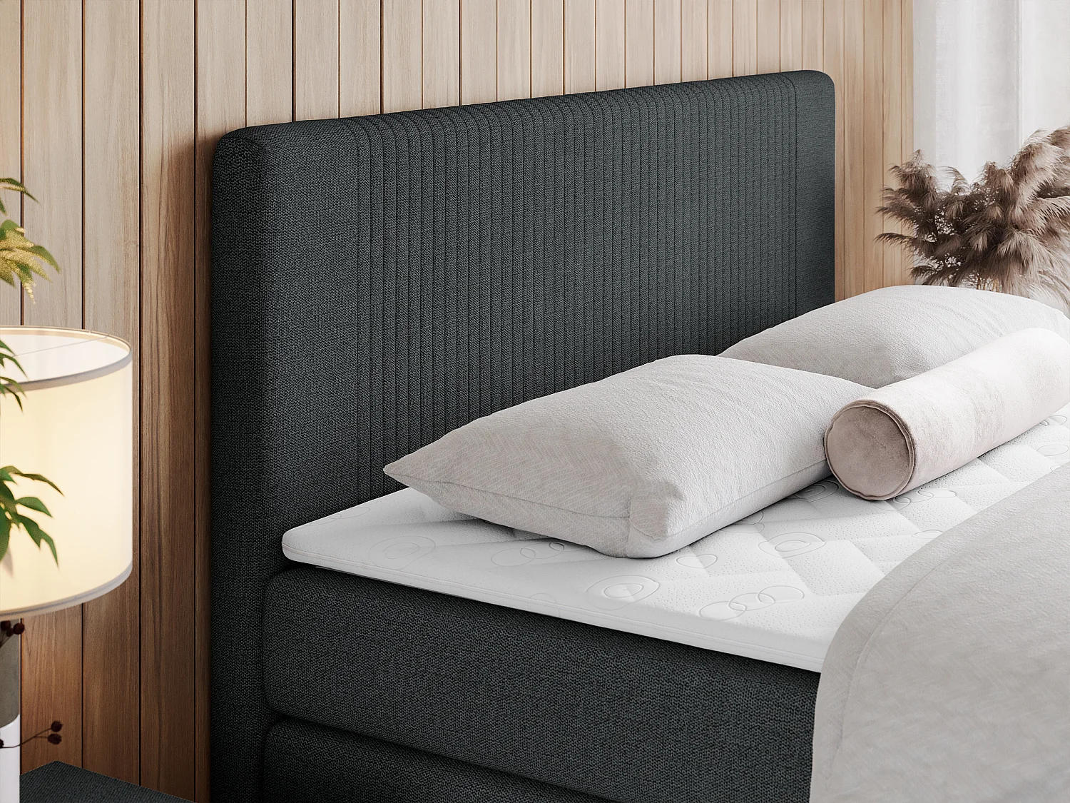 Boxspringbett DOREN KING - mit gesteppter Front und Kopfteil, zwei Multipocket-Matratzen und Topper, Doppelbett - 160x200 cm - H3 - Dunkelgrau Strukture