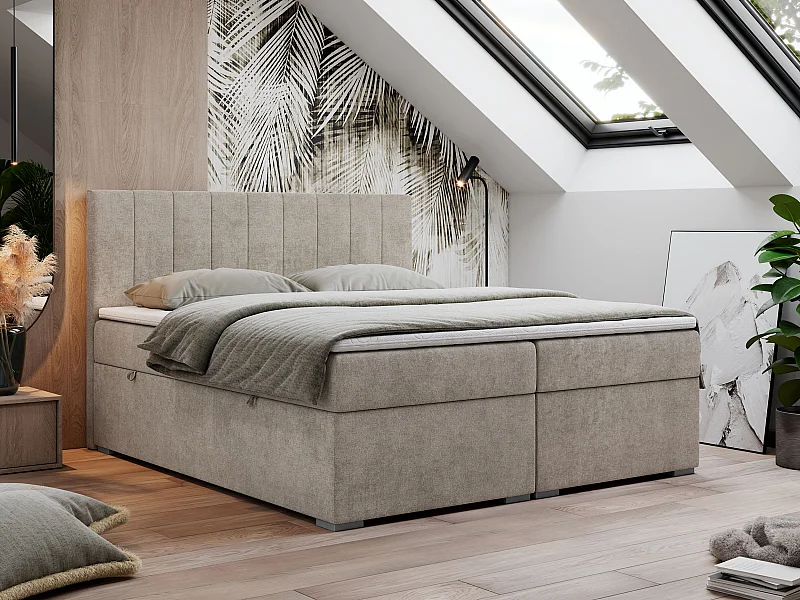 Boxspringbett LOPE - genähtes Kopfteil, Doppelbett mit Stauraum, Multipocket-Matratze, Topper - 160x200 cm - H4 - Beige Strukture