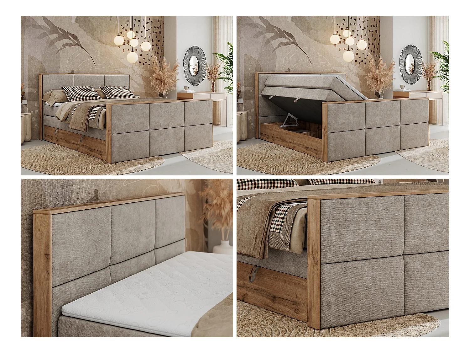 Boxspringbett ALBERO 2 KING DUO - Eiche Wotan Holzrahmen, zwei Multipocket-Matratzen, Bettkästen - 200x200 cm - H3 - Beige Strukture