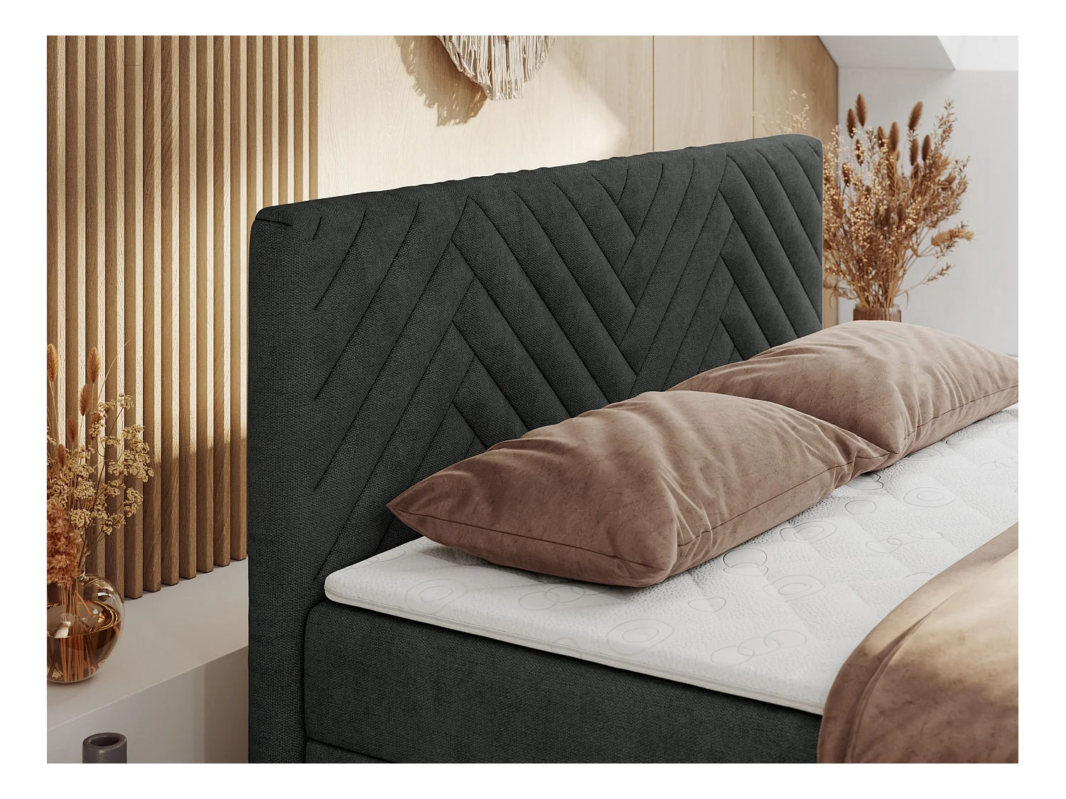 Boxspringbett PARIS DUO - Polsterbett mit genähtem Kopfteil und Frontplatte, Doppelbett, zwei Bettkästen - 140x200 cm - H3 - Dunkelgrau Strukture