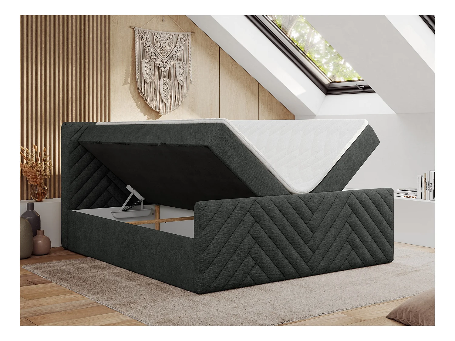 Boxspringbett PARIS DUO - Polsterbett mit genähtem Kopfteil und Frontplatte, Doppelbett, zwei Bettkästen - 140x200 cm - H3 - Dunkelgrau Strukture