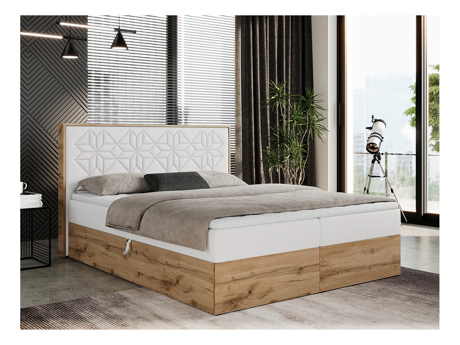 Boxspringbett NESSI - mit hoher Kopfstütze, Multipocket-Matratze und Topper, Doppelbett mit Bettkästen - 140x200 cm - H3 - Weiß Kunstleder