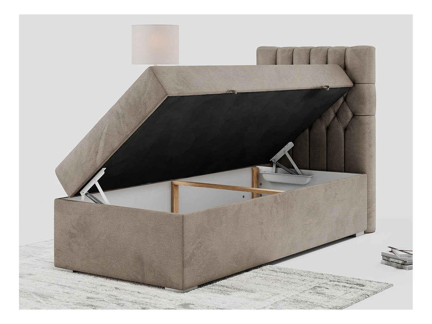 Boxspringbett PERA - Einzelbett mit Kopfstütze, Polsterbett, Multipocket-Matratze, genähtes Kopfteil - 90x200 cm - H4 - Braun Velvet - Rechts Seite