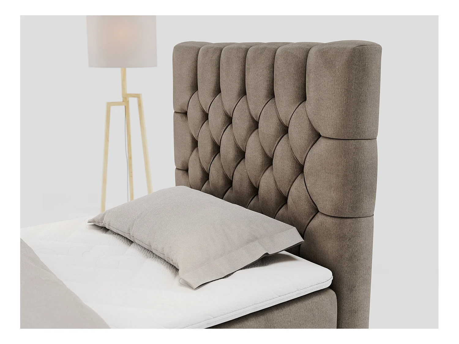 Boxspringbett PERA - Einzelbett mit Kopfstütze, Polsterbett, Multipocket-Matratze, genähtes Kopfteil - 90x200 cm - H4 - Braun Velvet - Rechts Seite