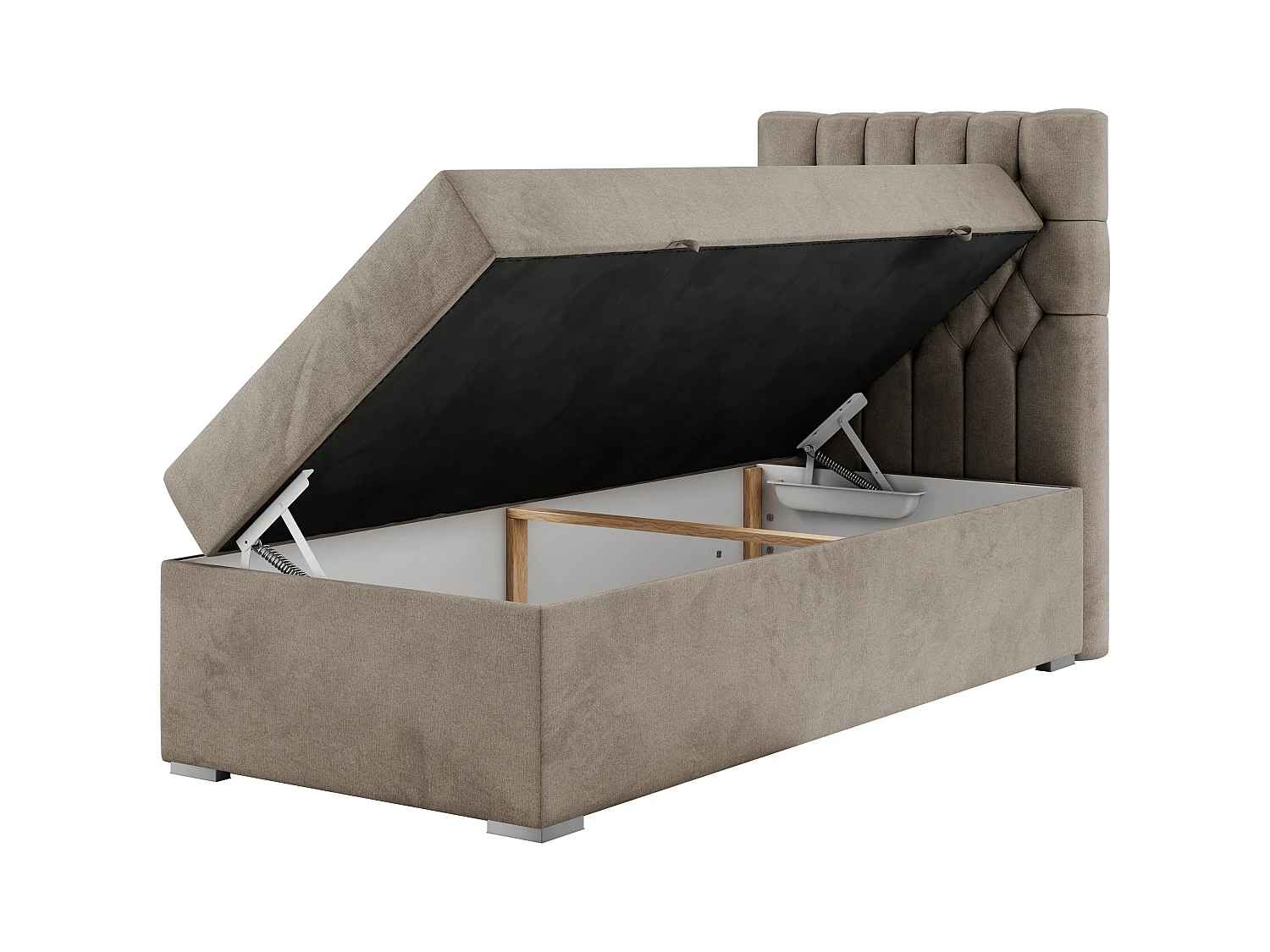 Boxspringbett PERA - Einzelbett mit Kopfstütze, Polsterbett, Multipocket-Matratze, genähtes Kopfteil - 90x200 cm - H4 - Braun Velvet - Rechts Seite