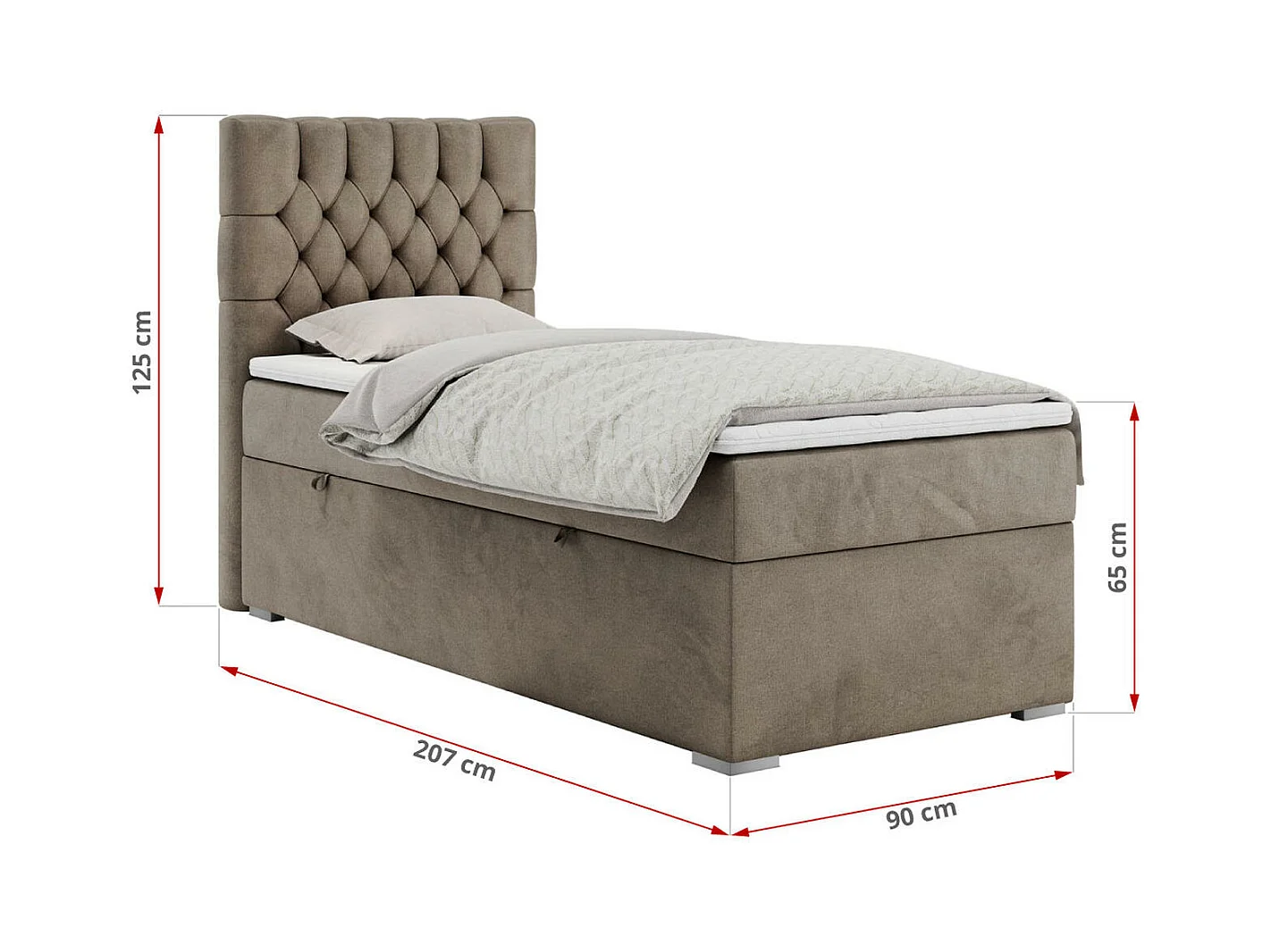 Boxspringbett PERA - Einzelbett mit Kopfstütze, Polsterbett, Multipocket-Matratze, genähtes Kopfteil - 90x200 cm - H4 - Braun Velvet - Rechts Seite