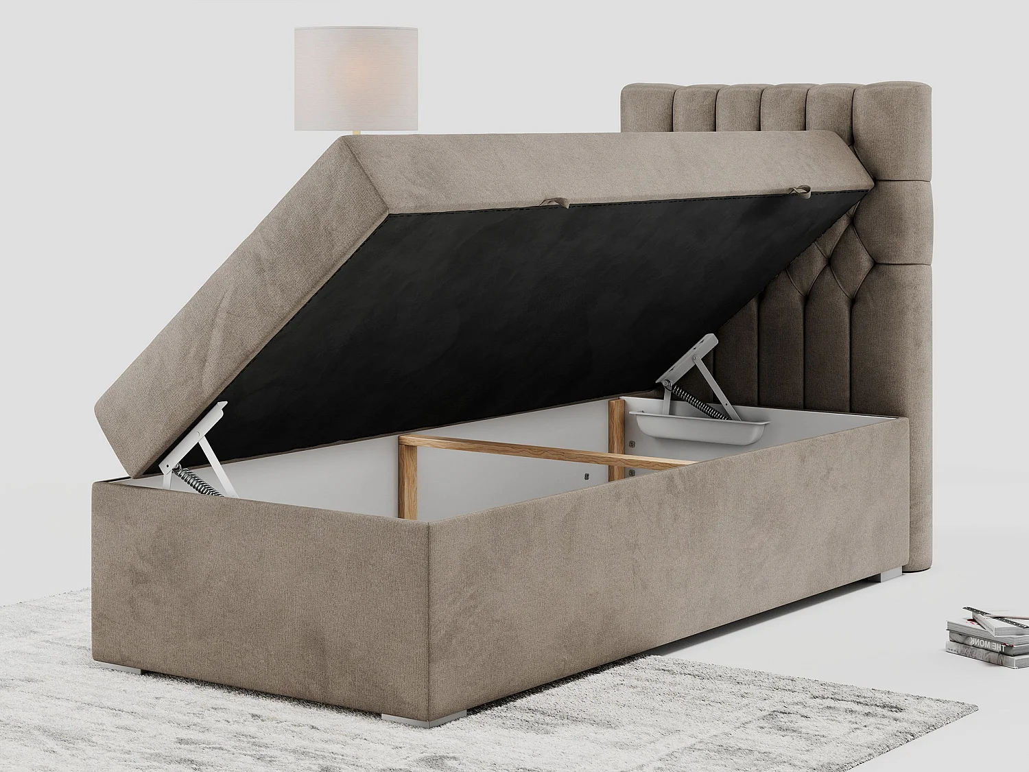 Boxspringbett PERA - Einzelbett mit Kopfstütze, Polsterbett, Multipocket-Matratze, genähtes Kopfteil - 90x200 cm - H4 - Braun Velvet - Rechts Seite
