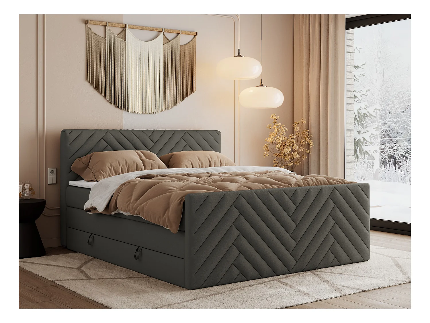 Boxspringbett PARIS KING DUO - dekorative Kopfstütze und Front, zwei Multipocket-Matratze mit Topper - 200x200 cm - H4 - Grau Kunstleder