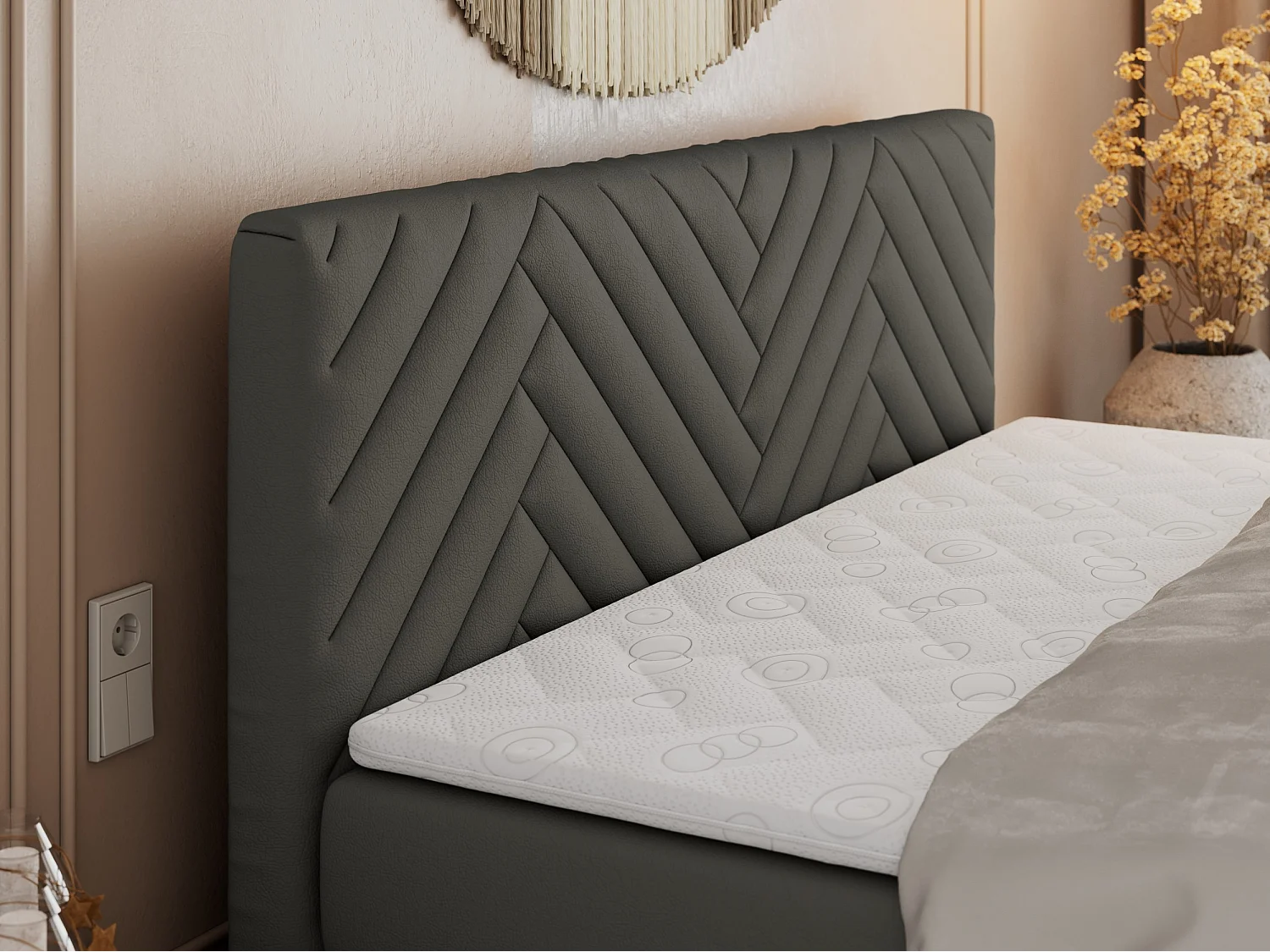 Boxspringbett PARIS KING DUO - dekorative Kopfstütze und Front, zwei Multipocket-Matratze mit Topper - 200x200 cm - H4 - Grau Kunstleder