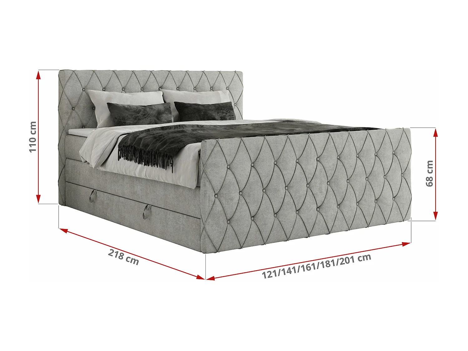 Boxspringbett MIREN KING DUO - für Schlafzimmer mit zwei Multipocket-Matratzen und Topper, gestepptes Kopfteil und Front  - 160x200 cm - H3 - Hellgrau Strukture