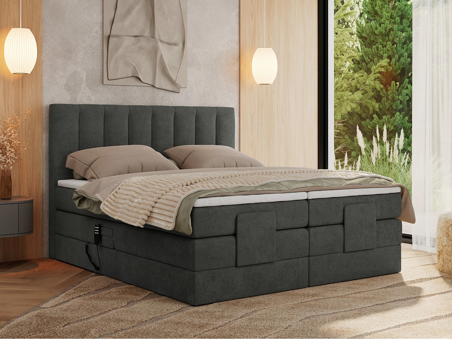 Boxspringbett COMFORTO - Doppelbett, Elektrisch verstellbare, Multipocket-Matratzen und Topper, genähtes Kopfteil - 200x200 cm - H3 - Dunkelgrau Strukture