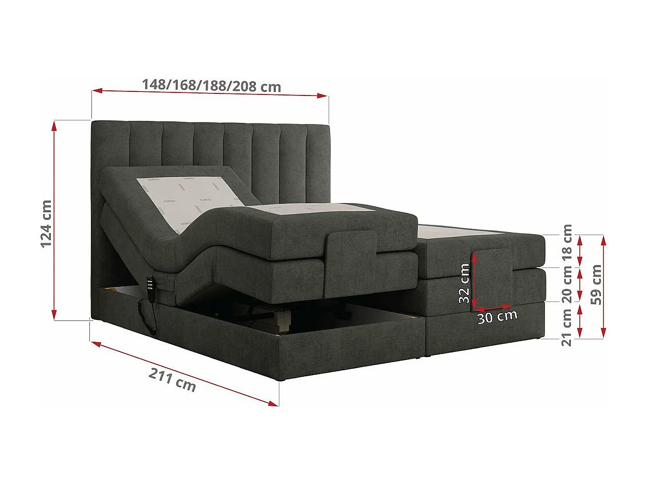 Boxspringbett COMFORTO - Doppelbett, Elektrisch verstellbare, Multipocket-Matratzen und Topper, genähtes Kopfteil - 200x200 cm - H3 - Dunkelgrau Strukture