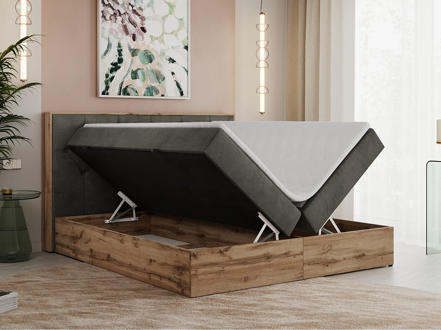 Boxspringbett VENETO - gestepptem Kopfteil, Set mit Multipocket-Matratze und Topper, Holzrahmen, zwei Bettkästen - 180x200 cm - H3 - Dunkelgrau Velvet