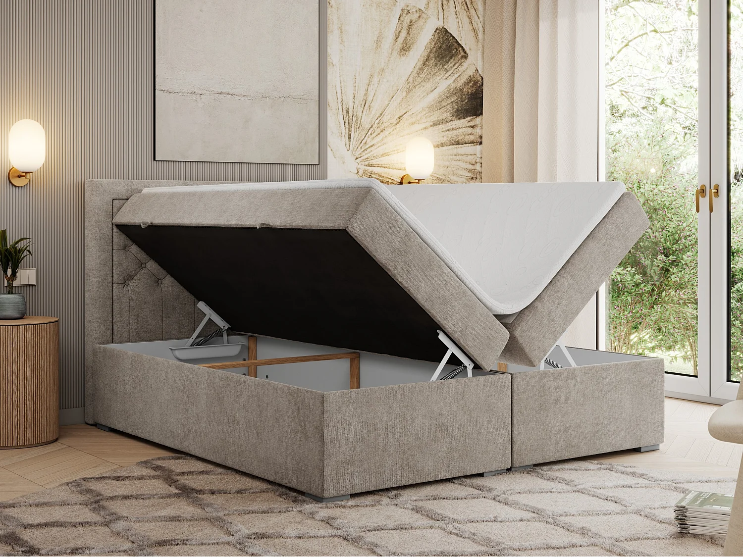 Boxspringbett JASIR - mit gestepptem Kopfteil, Doppelbett für Schlafzimmer, Multipocket-Matratze, Stauraum - 140x200 cm - H4 - Beige Strukture
