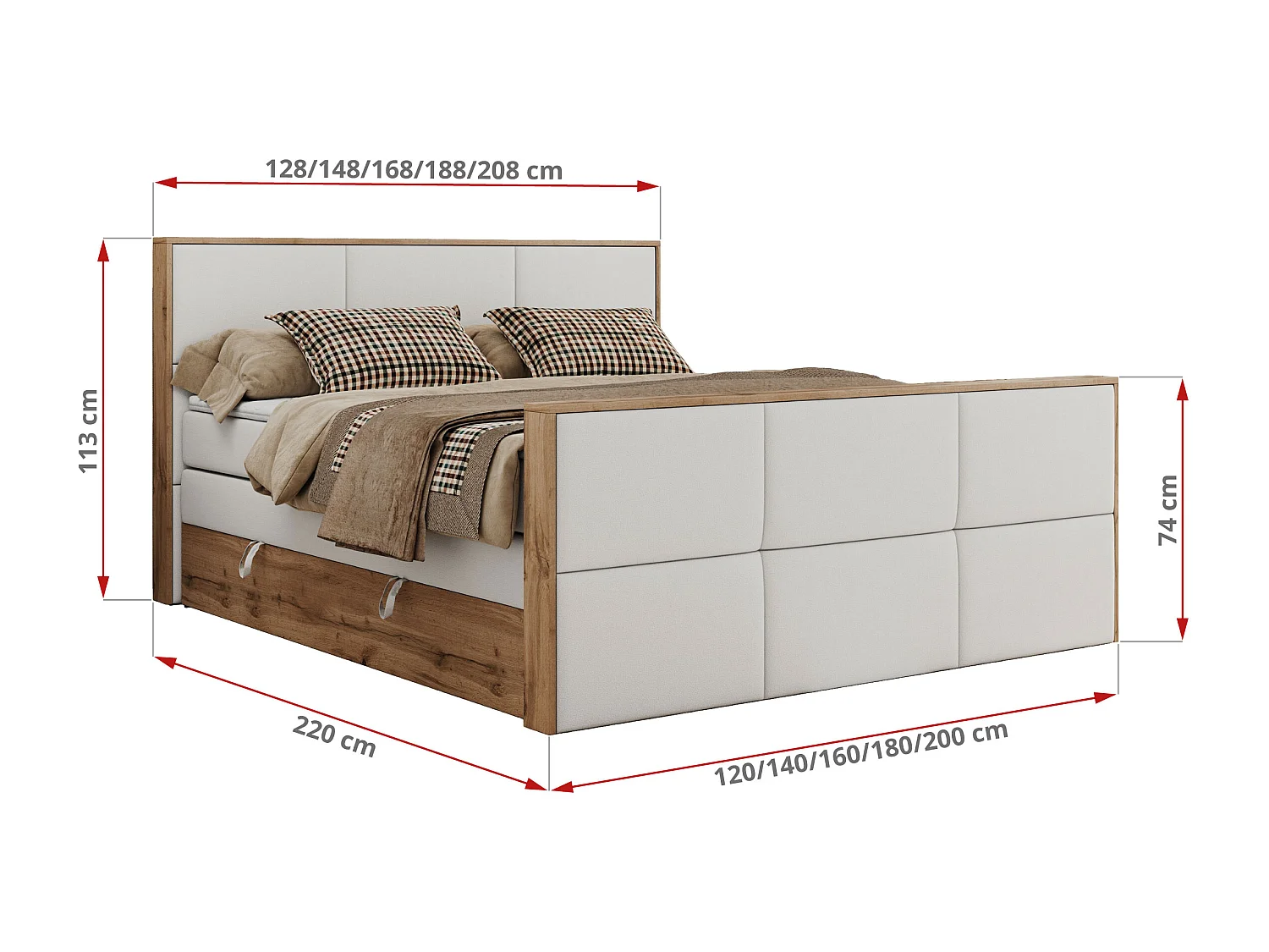 Boxspringbett ALBERO 2 KING DUO - Eiche Wotan Holzrahmen, zwei Multipocket-Matratzen, Bettkästen - 120x200 cm - H4 - Weiß Kunstleder