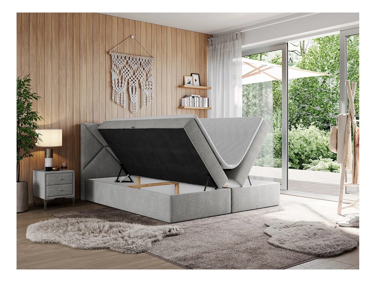 Boxspringbett NEOMI - dekorativem Kopfteil, Polsterbett mit Multipocket-Matratzen, zwei Bettkästen - 180x200 cm - H3 - Hellgrau Strukture