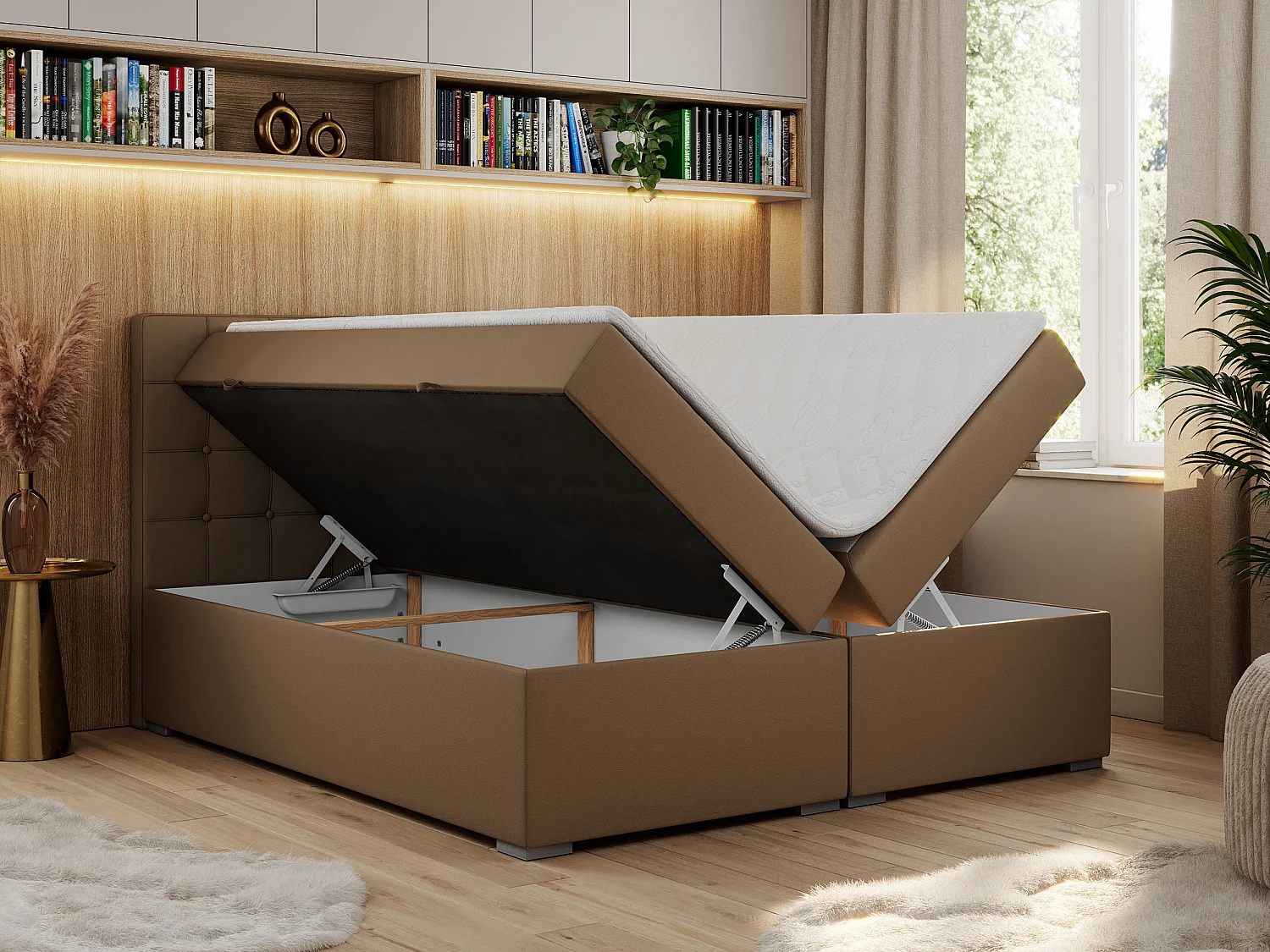 Boxspringbett CARMEN - Polsterbett mit zwei Bettkästen, gesteppte Kopfstütze, Multipocket-Matratze - 180x200 cm - H3 - Braun Kunstleder