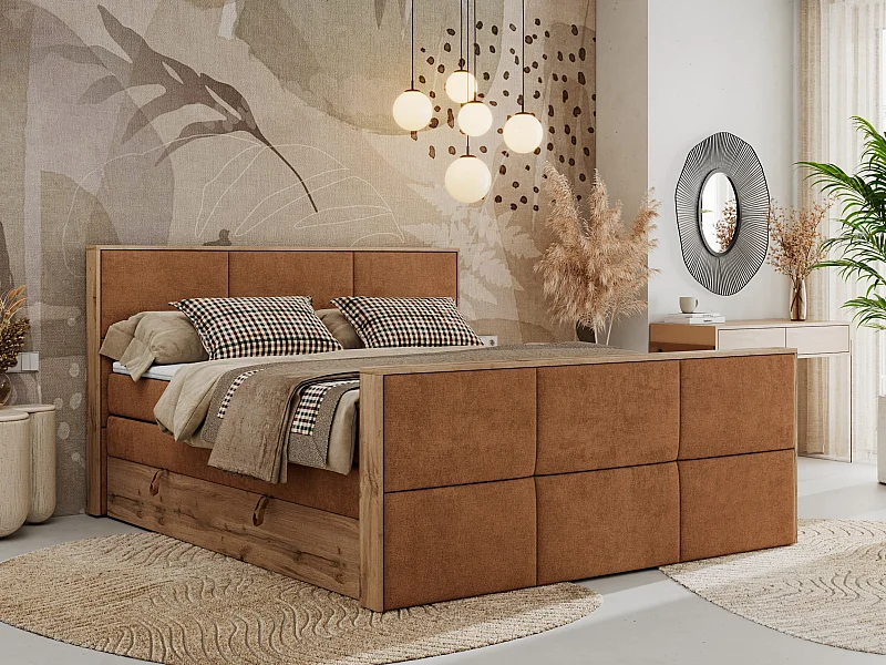 Boxspringbett ALBERO 2 KING DUO - Eiche Wotan Holzrahmen, zwei Multipocket-Matratzen, Bettkästen - 140x200 cm - H4 - Orange Strukture