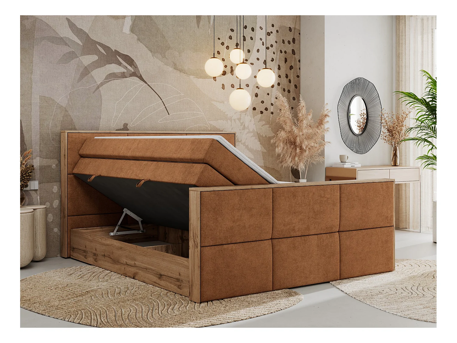 Boxspringbett ALBERO 2 KING DUO - Eiche Wotan Holzrahmen, zwei Multipocket-Matratzen, Bettkästen - 140x200 cm - H4 - Orange Strukture