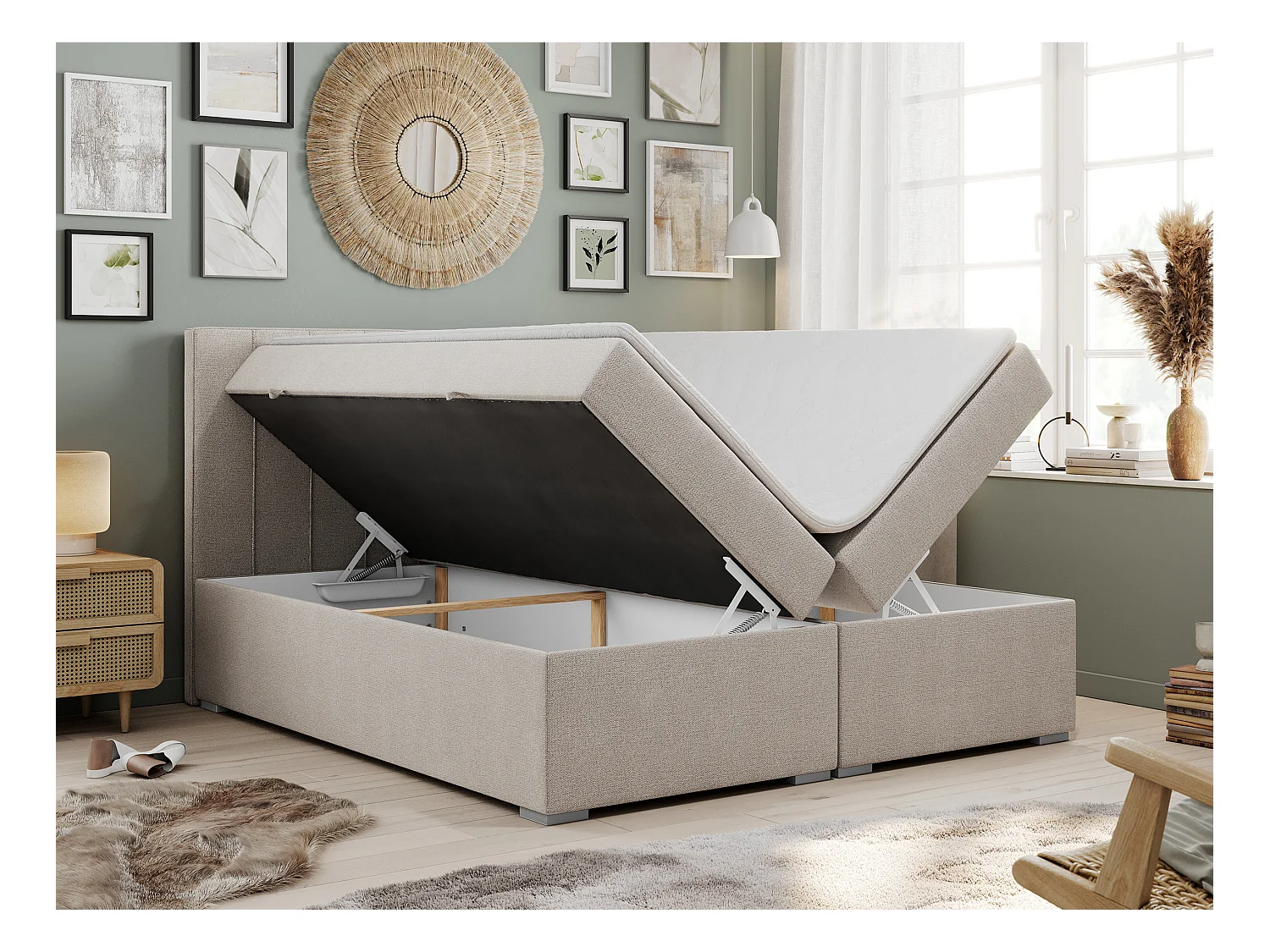 Boxspringbett ALLY - gestreiftes, genähtes Kopfteil, zwei Bettkästen, Multipocket-Matratzen, Praktisch Polsterbett - 160x200 cm - H4 - Beige Strukture