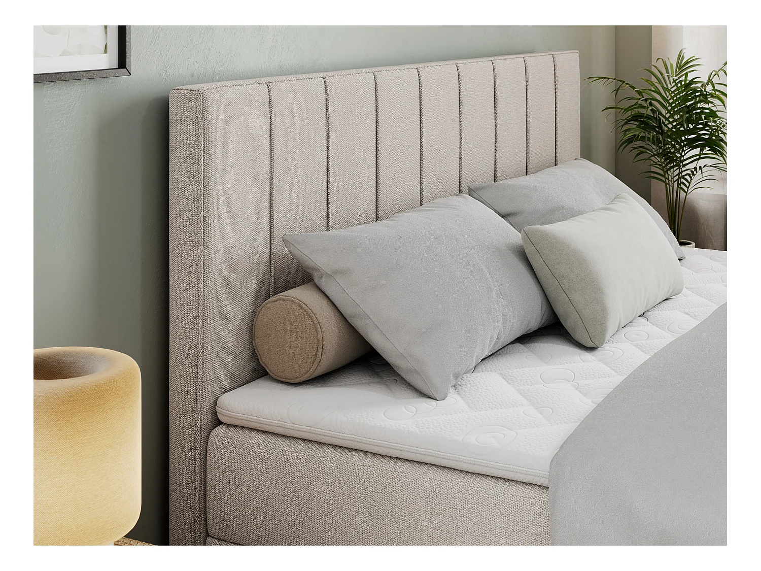 Boxspringbett ALLY - gestreiftes, genähtes Kopfteil, zwei Bettkästen, Multipocket-Matratzen, Praktisch Polsterbett - 160x200 cm - H4 - Beige Strukture