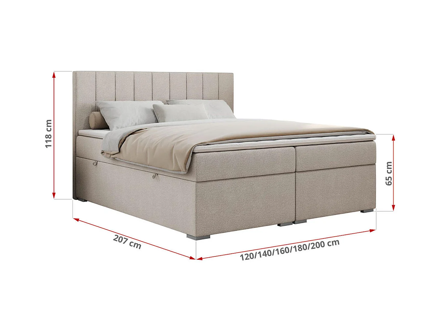 Boxspringbett ALLY - gestreiftes, genähtes Kopfteil, zwei Bettkästen, Multipocket-Matratzen, Praktisch Polsterbett - 160x200 cm - H4 - Beige Strukture