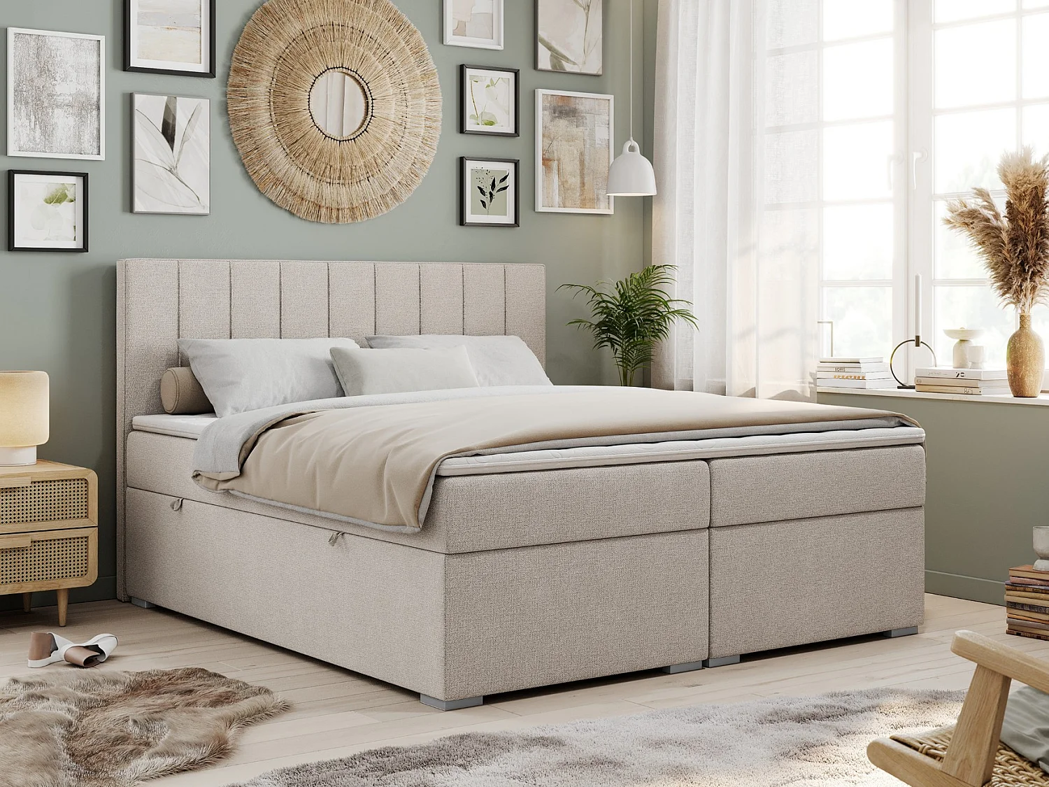 Boxspringbett ALLY - gestreiftes, genähtes Kopfteil, zwei Bettkästen, Multipocket-Matratzen, Praktisch Polsterbett - 160x200 cm - H4 - Beige Strukture