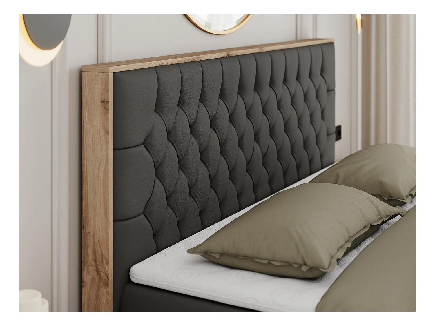 Boxspringbett AMORE - Bett mit Multipocket-Matratze, gesteppte Kopfstütze, Doppelbett für Schlafzimmer - 160x200 cm - H3 - Dunkelgrau Kunstleder