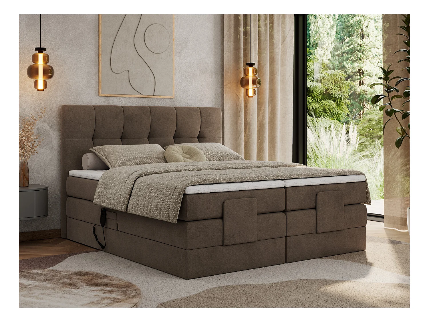 Boxspringbett VITTORIA - mit gestepptem Kopfteil, elektrischem Untergestell, Multipocket-Matratze - 160x200 cm - H3 - Braun Velvet