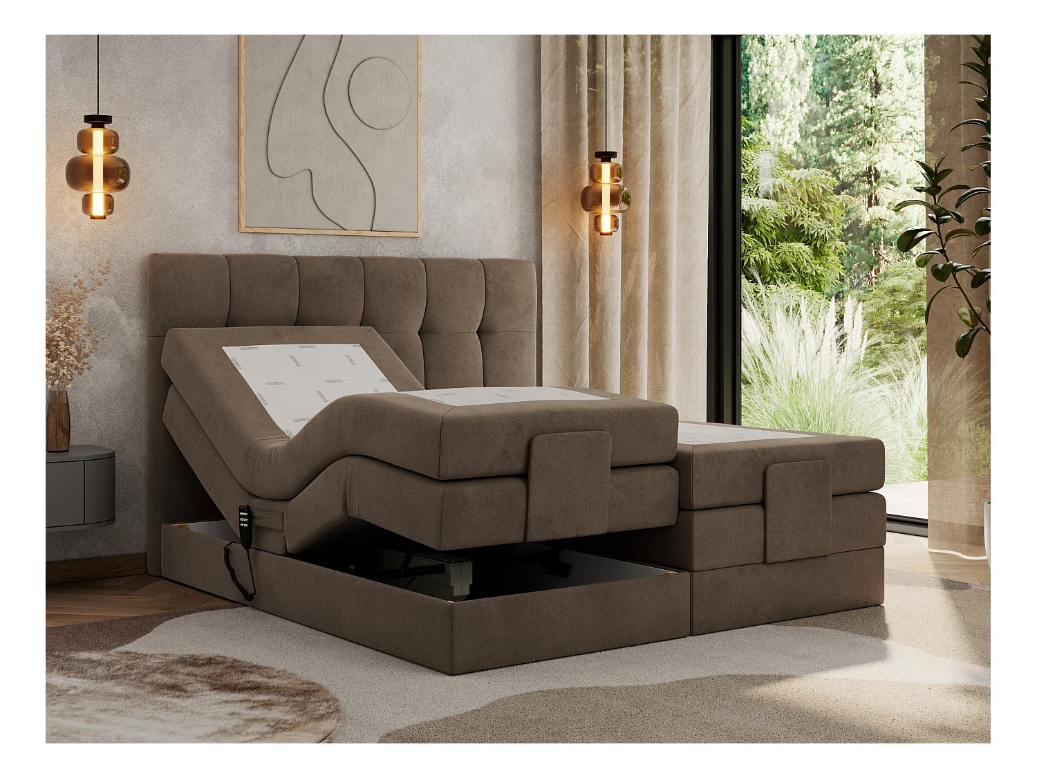 Boxspringbett VITTORIA - mit gestepptem Kopfteil, elektrischem Untergestell, Multipocket-Matratze - 160x200 cm - H3 - Braun Velvet