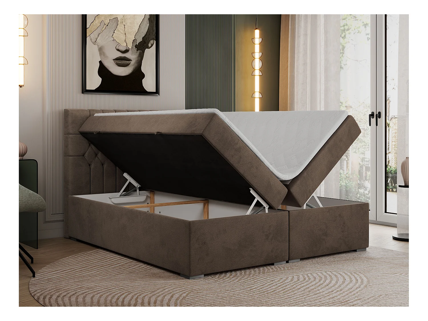 Boxspringbett PERA - gesteppte Kopfstütze, Multipocket-Matratze und Topper, Doppelbett mit Stauraum - 180x200 cm - H4 - Braun Velvet