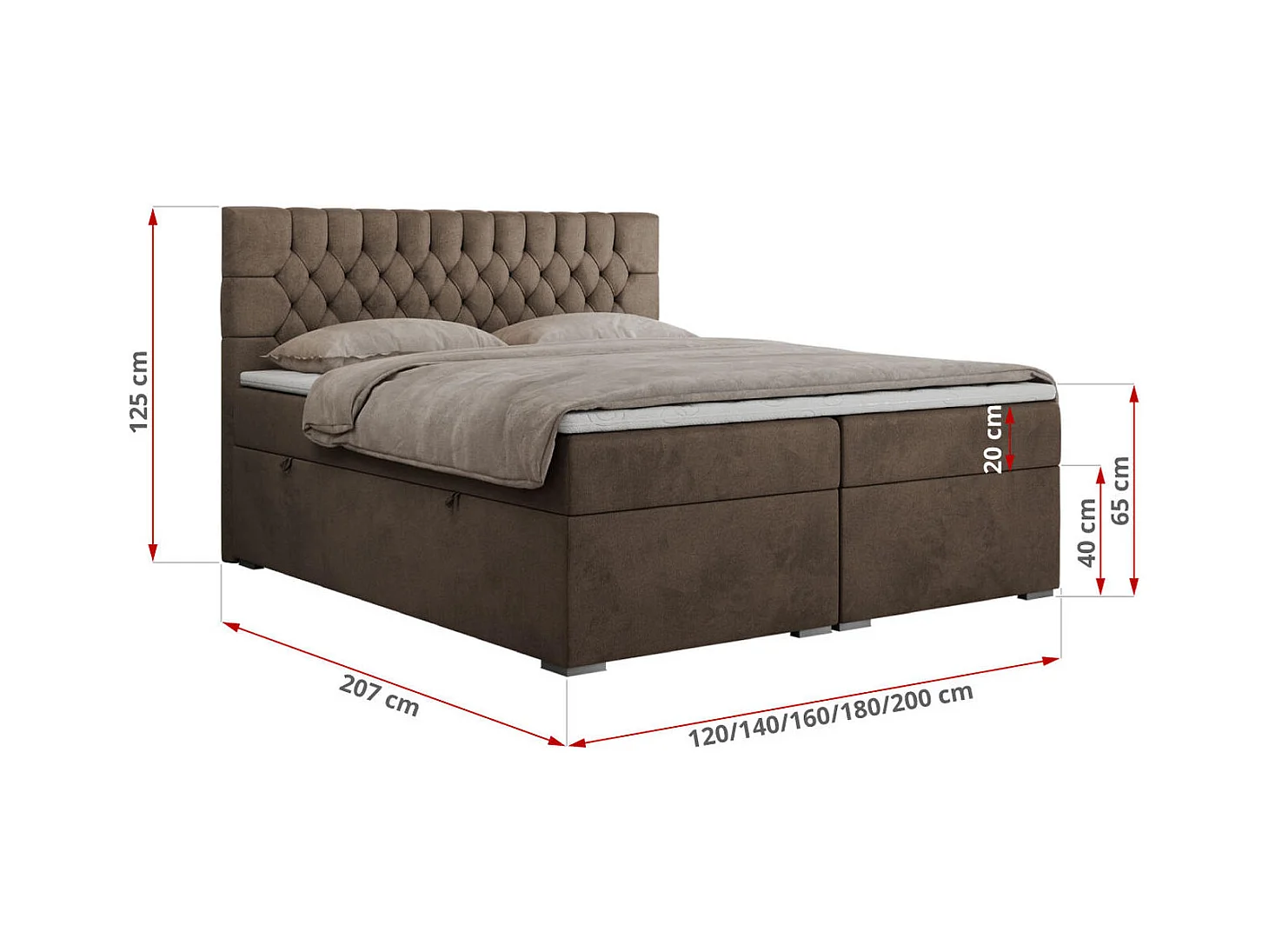 Boxspringbett PERA - gesteppte Kopfstütze, Multipocket-Matratze und Topper, Doppelbett mit Stauraum - 180x200 cm - H4 - Braun Velvet