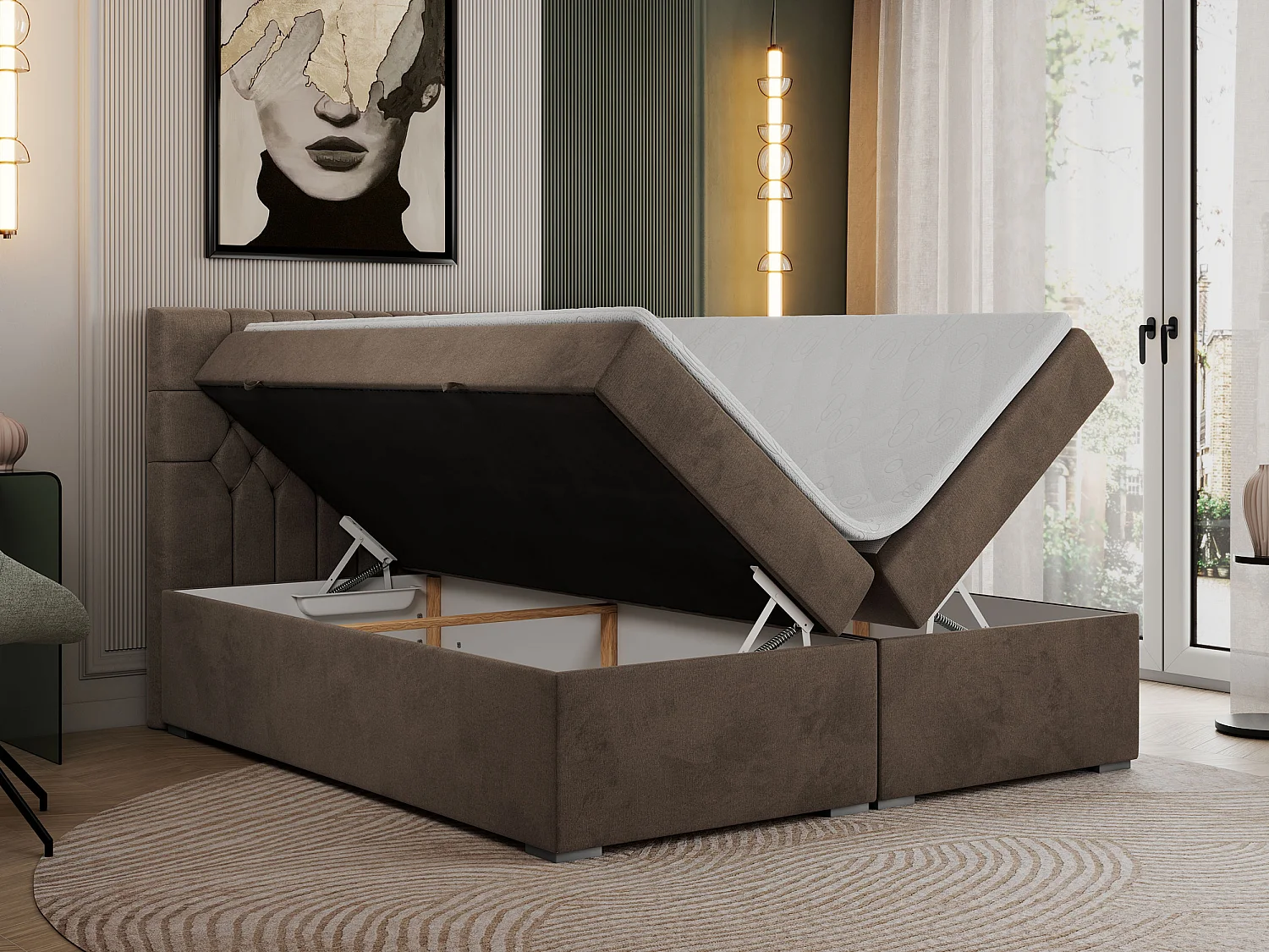 Boxspringbett PERA - gesteppte Kopfstütze, Multipocket-Matratze und Topper, Doppelbett mit Stauraum - 180x200 cm - H4 - Braun Velvet