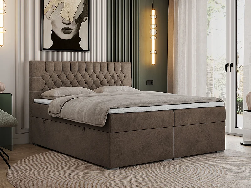 Boxspringbett PERA - gesteppte Kopfstütze, Multipocket-Matratze und Topper, Doppelbett mit Stauraum - 180x200 cm - H4 - Braun Velvet