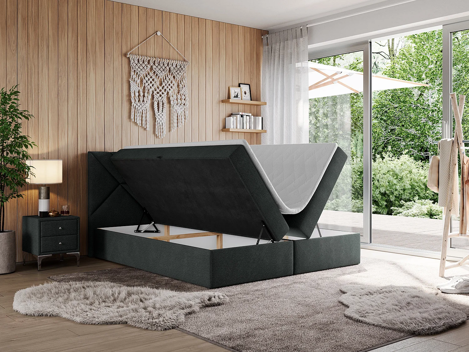 Boxspringbett NEOMI - dekorativem Kopfteil, Polsterbett mit Multipocket-Matratzen, zwei Bettkästen - 160x200 cm - H4 - Hellgrau Strukture