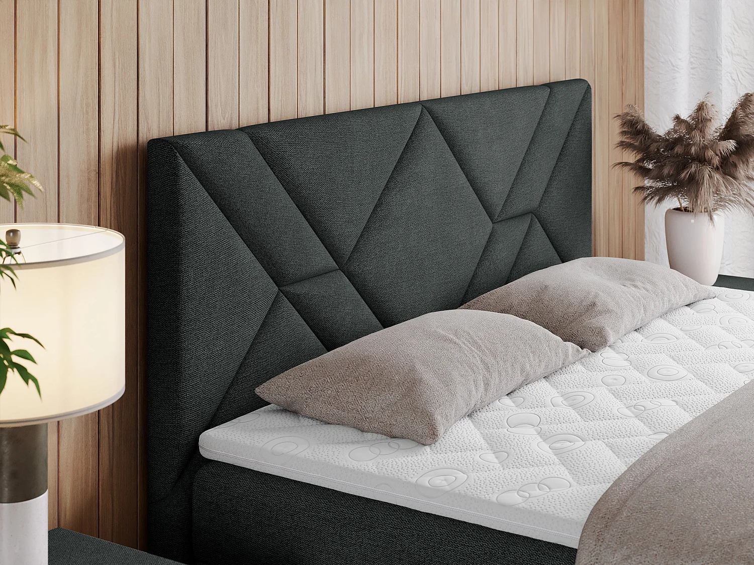 Boxspringbett NEOMI - dekorativem Kopfteil, Polsterbett mit Multipocket-Matratzen, zwei Bettkästen - 160x200 cm - H4 - Hellgrau Strukture