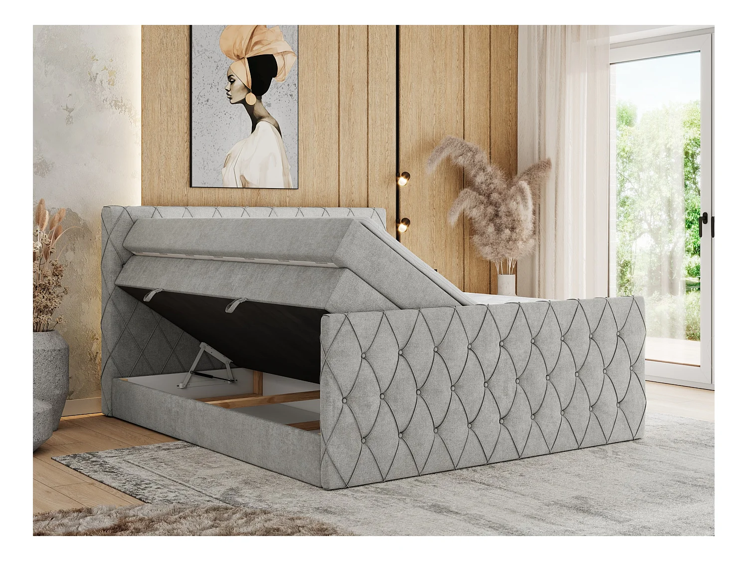 Boxspringbett MIREN KING DUO - für Schlafzimmer mit zwei Multipocket-Matratzen und Topper, gestepptes Kopfteil und Front  - 120x200 cm - H4 - Hellgrau Strukture