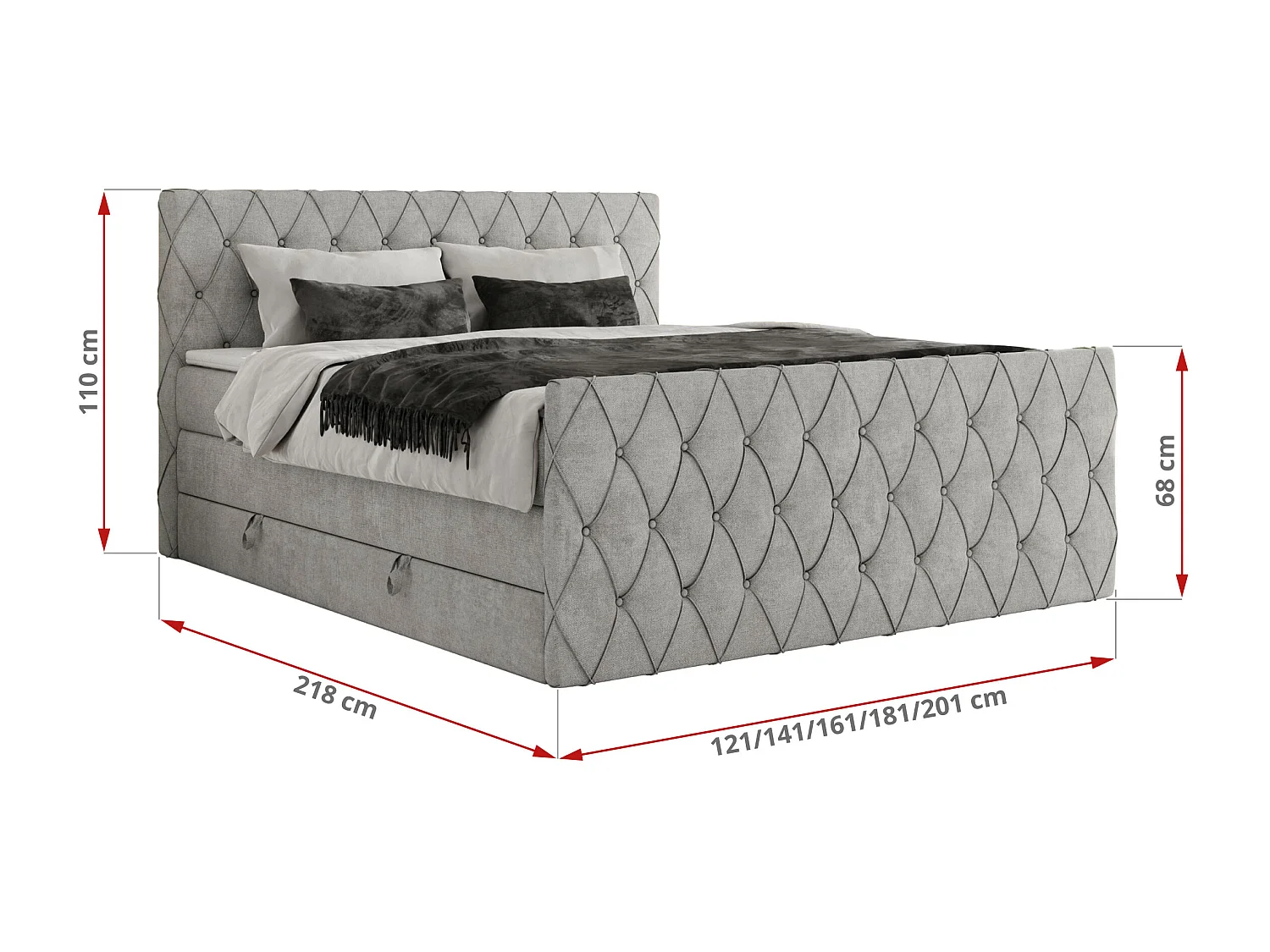 Boxspringbett MIREN KING DUO - für Schlafzimmer mit zwei Multipocket-Matratzen und Topper, gestepptes Kopfteil und Front  - 120x200 cm - H4 - Hellgrau Strukture