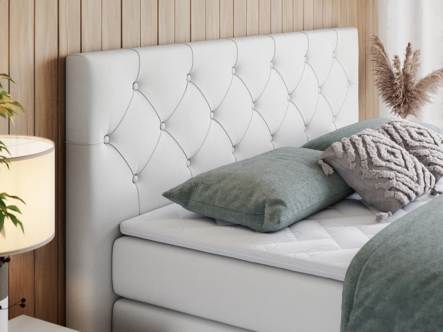 Boxspringbett VELEN KING - Doppelbett mit gestepptem Kopfteil, zwei Multipocket-Matratzen, Polsterbett mit Kopfstütze - 140x200 cm - H3 - Weiß Kunstleder