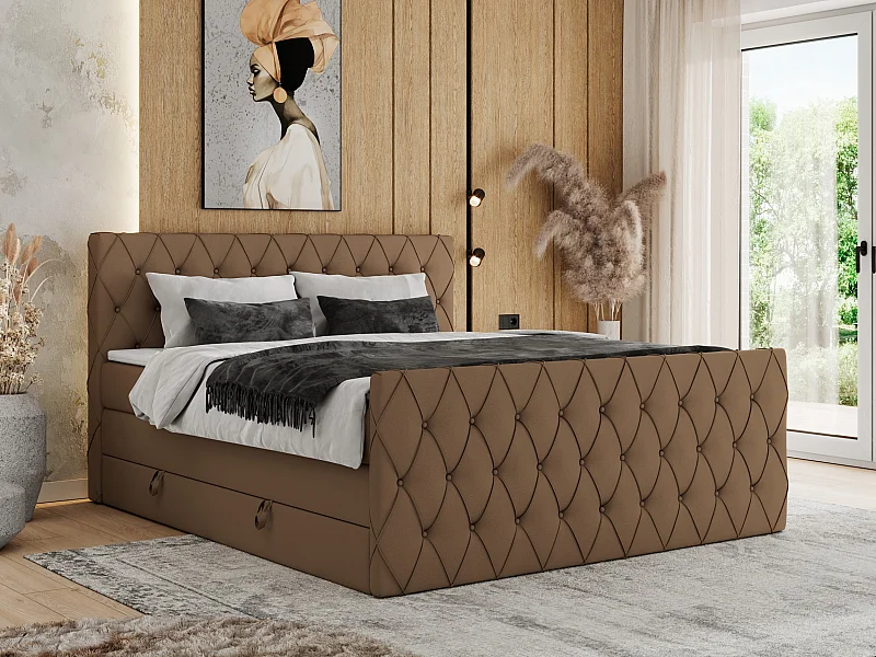 Boxspringbett MIREN KING DUO - für Schlafzimmer mit zwei Multipocket-Matratzen und Topper, gestepptes Kopfteil und Front  - 140x200 cm - H3 - Braun Kunstleder