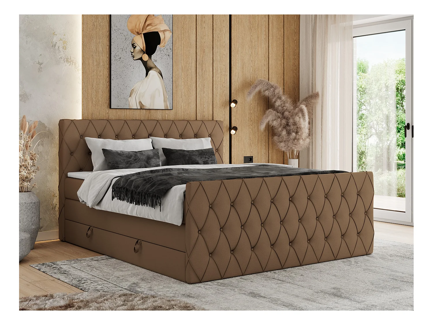 Boxspringbett MIREN KING DUO - für Schlafzimmer mit zwei Multipocket-Matratzen und Topper, gestepptes Kopfteil und Front  - 140x200 cm - H3 - Braun Kunstleder