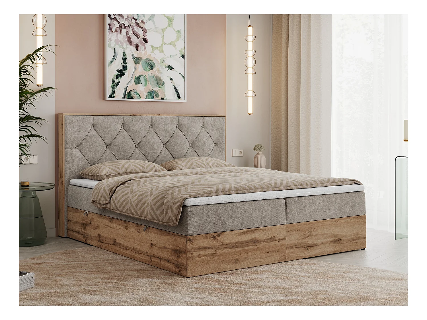 Boxspringbett VENETO - gestepptem Kopfteil, Set mit Multipocket-Matratze und Topper, Holzrahmen, zwei Bettkästen - 180x200 cm - H3 - Beige Strukture